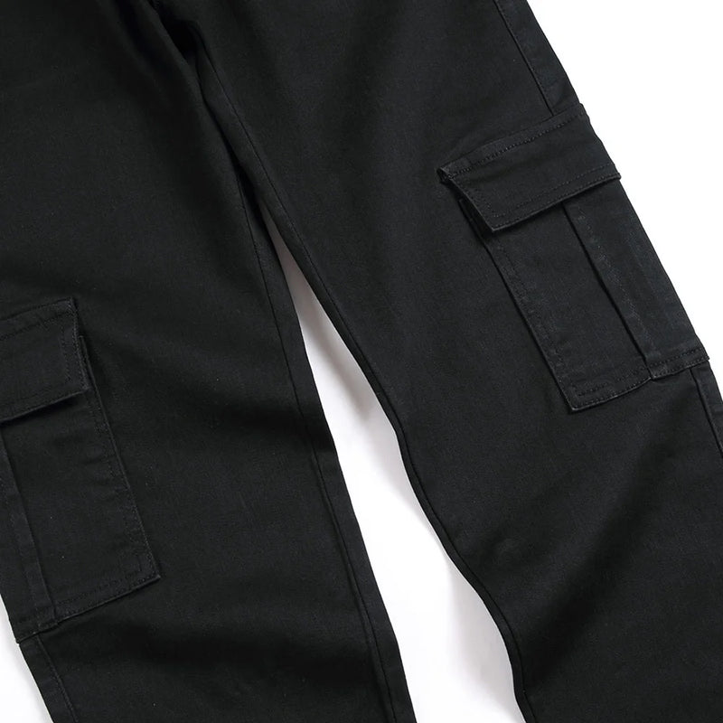 Men Side Pockets Cargo Pants Classic Black High Stretch Denim Jeans Slim Straight Trousers