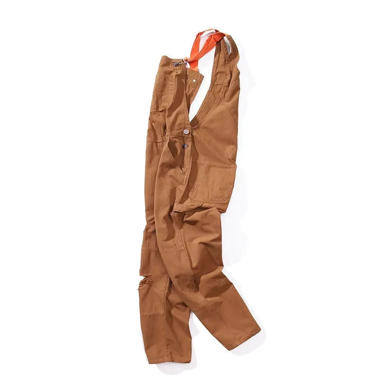 Retro Suspender Loose Straight Jumpsuit Ripped Casual Sling Autumn And Winter Patchwork Pants