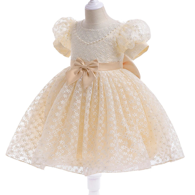 Elegant Girl Princess Dress Kids Puff Sleeve Gown Birthday Bow Flower Wedding Party Prom Clothes Formal Evening