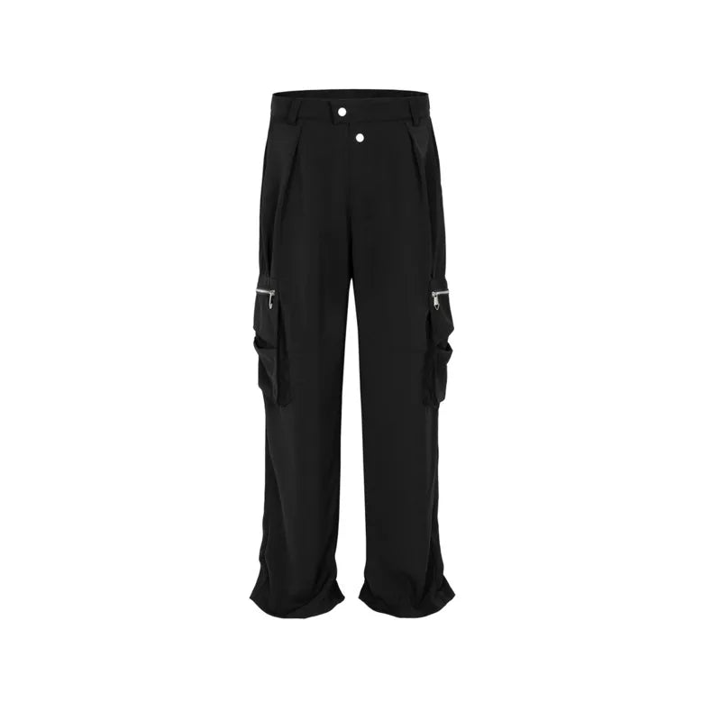 Men's Darkwear Tide Zipper Cargo Pants Wide Leg Multi Pockets Chic Casual Overalls