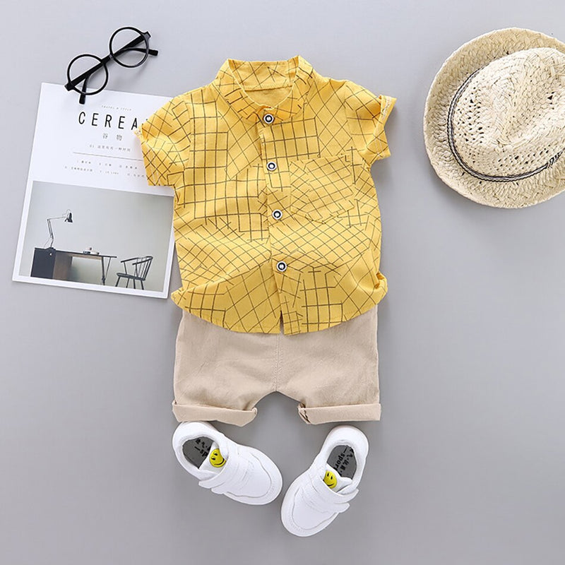 Kids Baby Boy Clothes Simple Lattice Summer Sets 2Pcs Short Sleeve Shirt+Shorts Child Boy Beach Wear Outfits