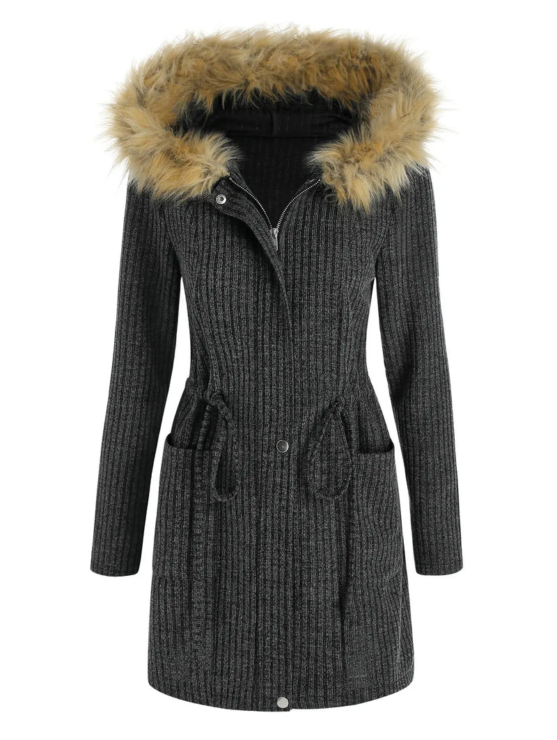 Panel Drawstring Hooded Ribbed Coat  Knitted Long Warm Coats For Women