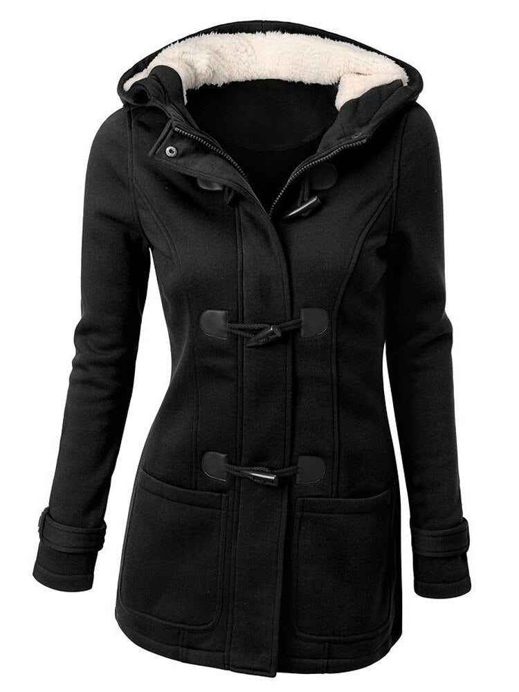 Women Trench Jacket Hooded Long Sleeve Coat Female Spring Solid Horn Button Ladies Zipper Outwears