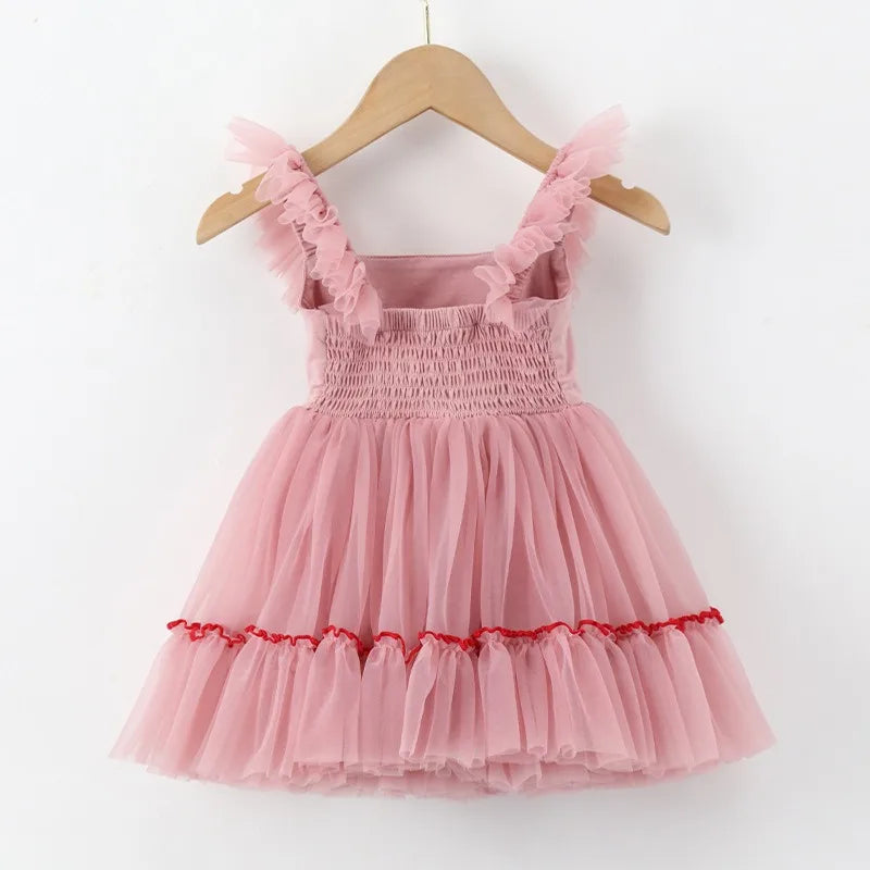 Summer Kid Girl Party Dress Sleeveless Solid Suspenders Perform Mesh Princess Dresses