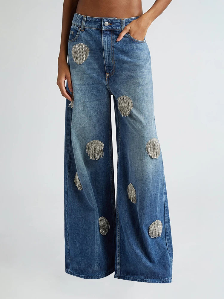 Chic Denim Pants For Women High Waist Spliced Button Wide Leg Straight Pants Female