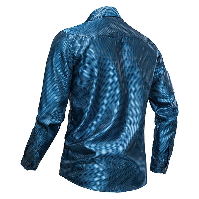 Mens Shiny Blue Shirt  Long Sleeve Button Down Dress Shirts Men Party Stage Singer Shirt Man