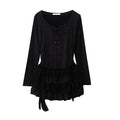 Women Ruffled Spliced Lace Short Dress Autumn Bow Lace-up V-neck  Slimming Dresses