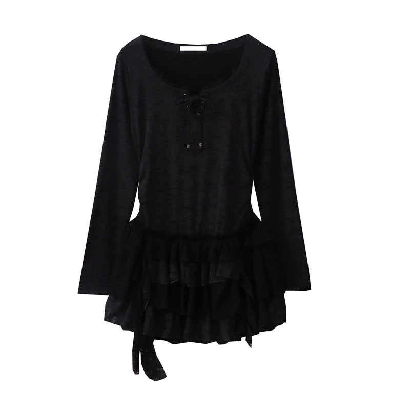 Women Ruffled Spliced Lace Short Dress Autumn Bow Lace-up V-neck  Slimming Dresses