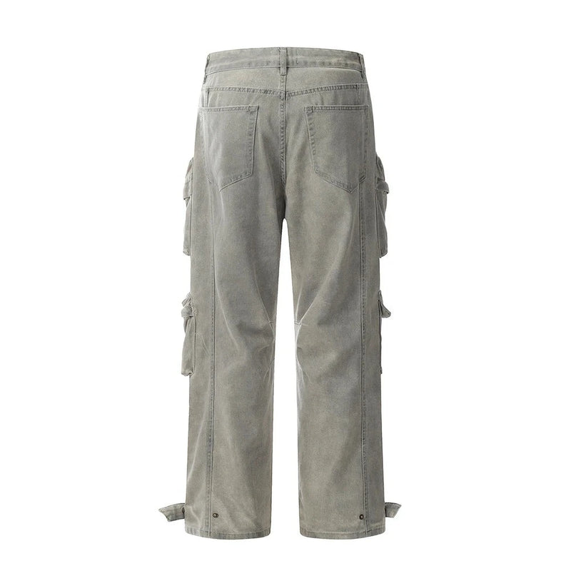 Distressed Straight-leg Cargo Pants Mens Loose Washed Safari Style Denim Pants Men Casual Jeans