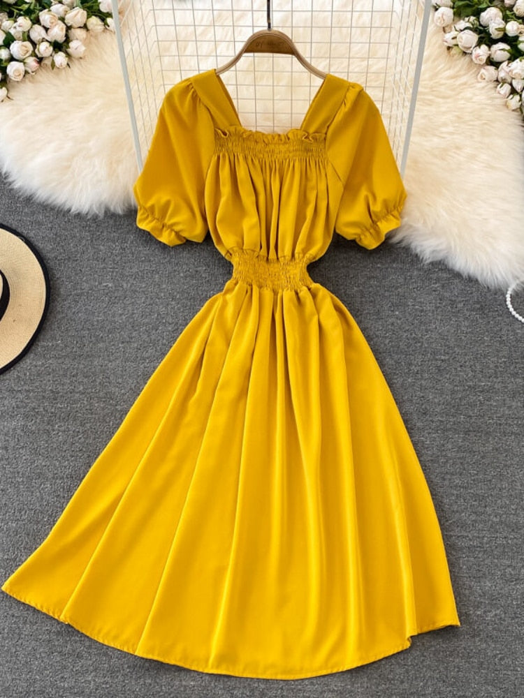 Summer Casual Dress Women Solid Mid-length Puff Sleeves Square Neck Dresses Midi Dress