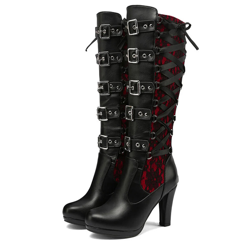 Boots For Women Lace Up High Heel Mid Calf Boots Narrow Gothic Shoes Winter