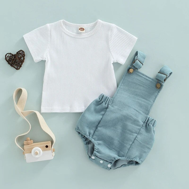Summer Toddler Baby Boys Girls Clothes Sets Solid Ribbed Knitted Rompers Outfits