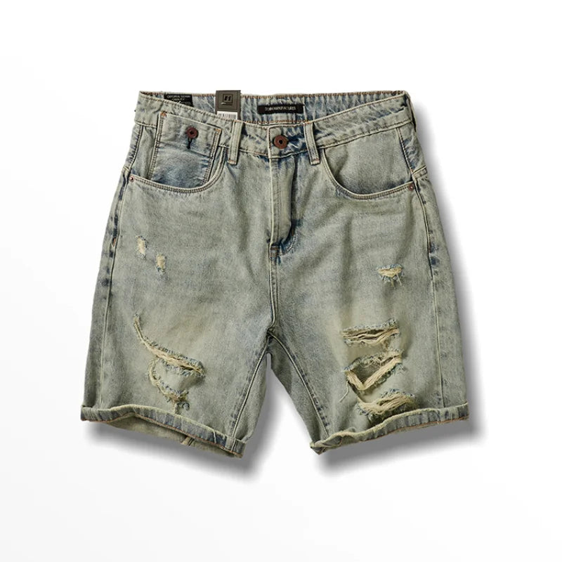 Summer American Retro Holes Denim Shorts Men's Washed Old Loose Straight Casual Knee Length Pants