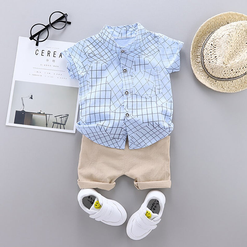 Kids Baby Boy Clothes Simple Lattice Summer Sets 2Pcs Short Sleeve Shirt+Shorts Child Boy Beach Wear Outfits