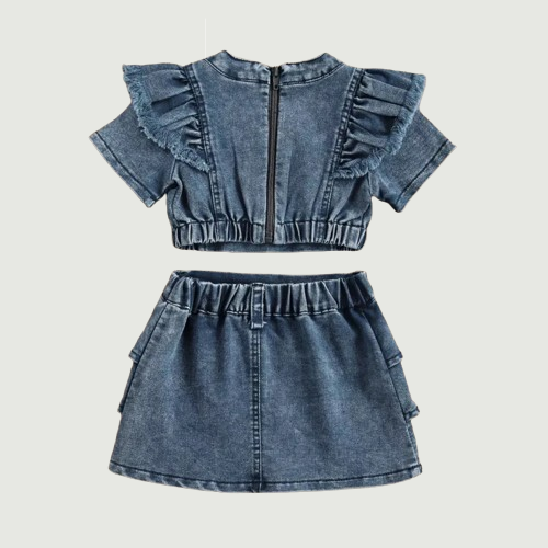 Infant Kids Girl Clothing Set Denim Short-sleeved T-shirt Denim Skirt Two-piece Suit for Vacation Birthday Party