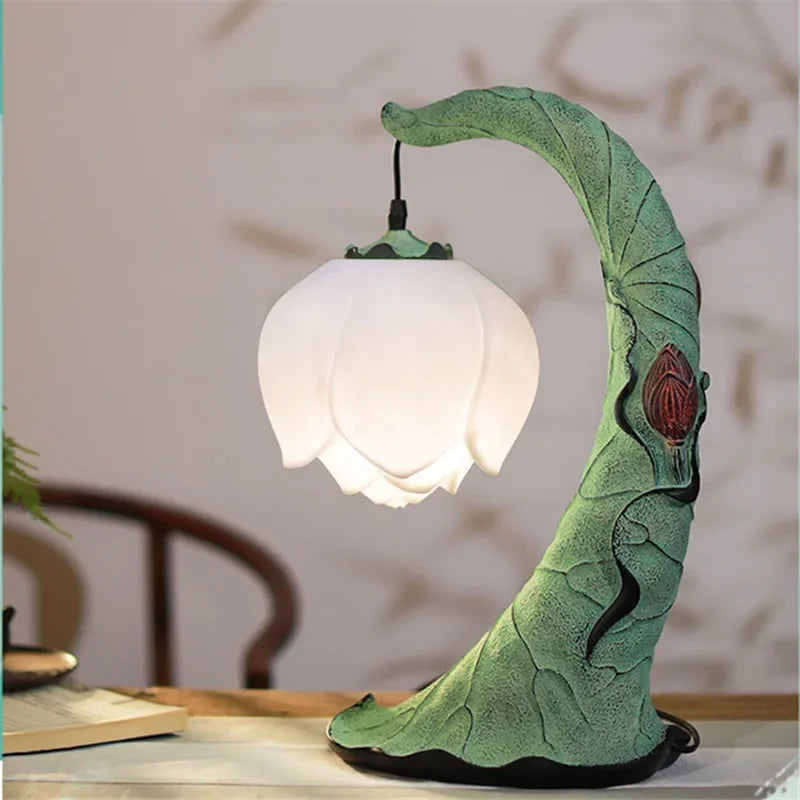 Contemporary Lotus Table Lamp Retro Room Villa Hotel Art Decorative Desk Light