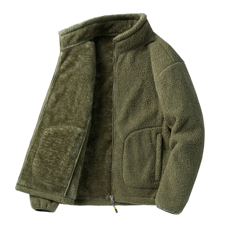 Winter Fleece Jackets Men Solid Loose Casual Warm Coat Mens Stand Collar Outerwear Jacket Streetwear