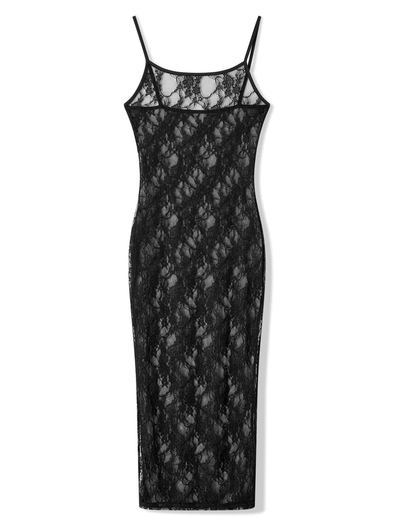 See Through Midi Dress Women Black Sheer Mesh Lace Floral Dresses Chic Beach Outfits