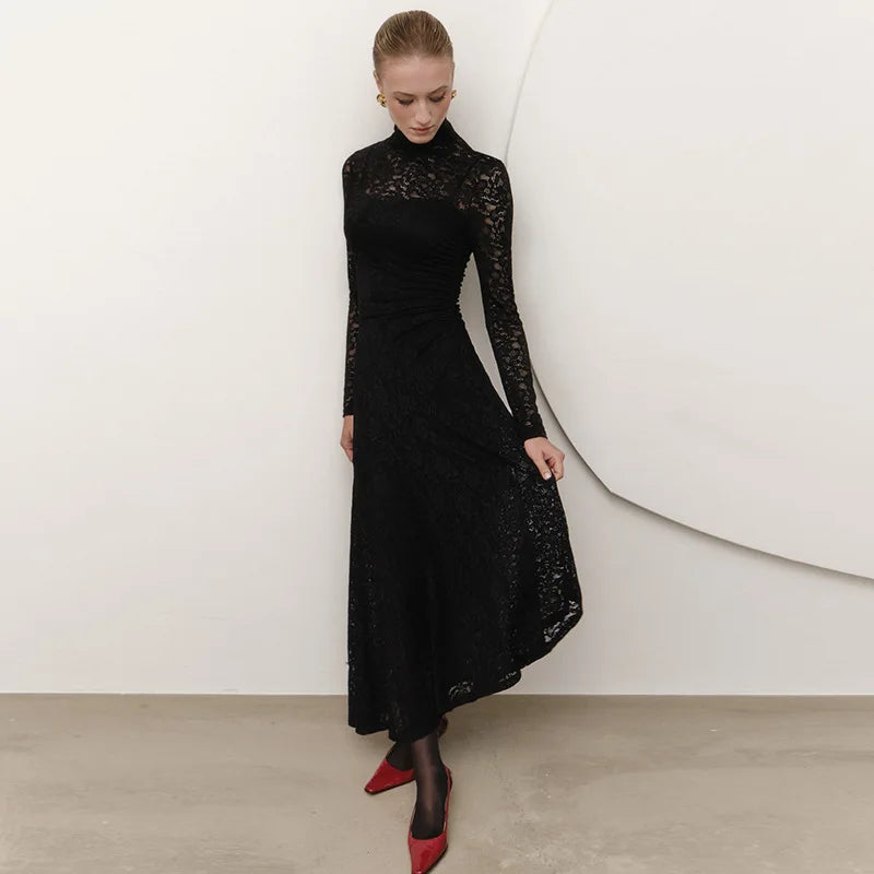 Sheer Lace Two Piece Sets Women Maxi Dress Black Long Sleeve Turtleneck Dress Female Winter Slim