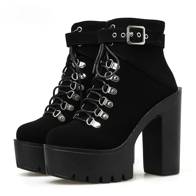 Lace Up Women Boots Platform Buckle Boot Winter Shoes Thick Heel Boots Black Gothic