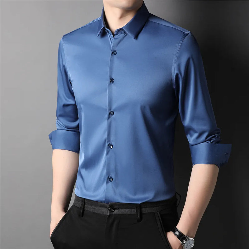 Smooth Fabric Shirt Men Clothes Autumn Winter New Arrival Luxury Social Blouse Business Casual Long Sleeve Shirts