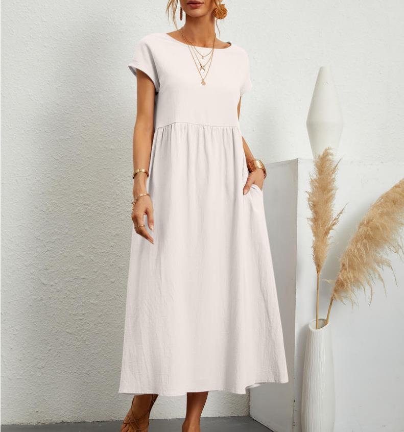 Women Short Sleeve Maxi Dresses Women O Neck Cotton Linen Long Dress Casual Loose Dress with Pocket