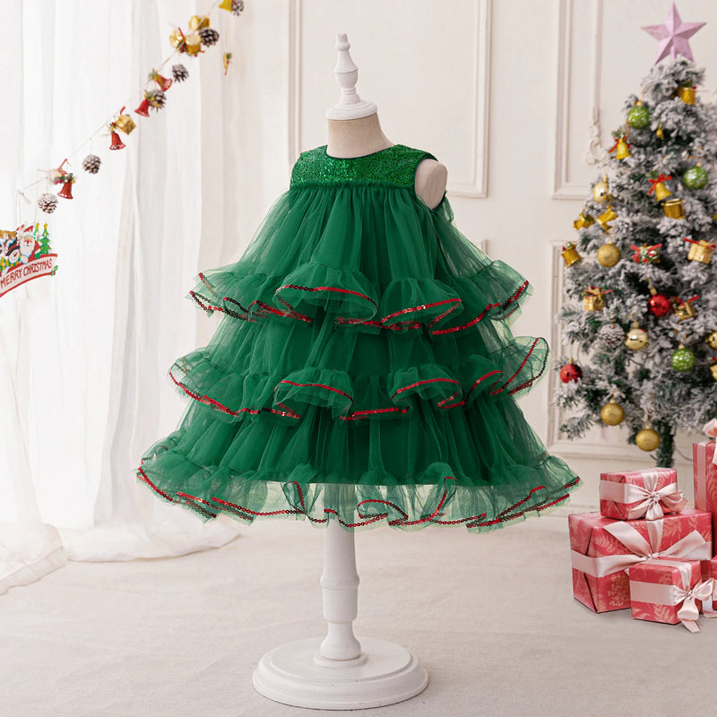 Fluffy Bow Green Christmas Girls Party Dresses Elegant Princess Dress