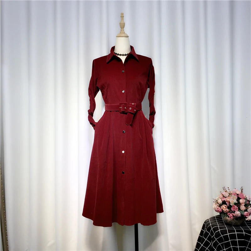 Corduroy Dress Spring Turn-Down Collar Button Sashes Slim Knee-Length Lady Elegant