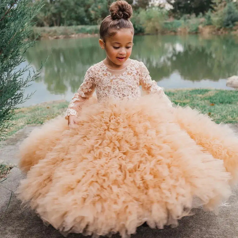 Layered Flower Girl Dress For Wedding Applique Puffy Tulle Full Sleeves Lace Birthday