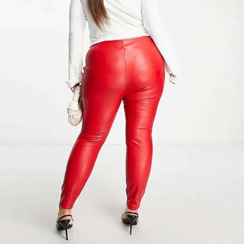 Women's Mid Waist Faux Leather Pencil Pants Skinny Tights Elastic Stretchy Leggings Winter