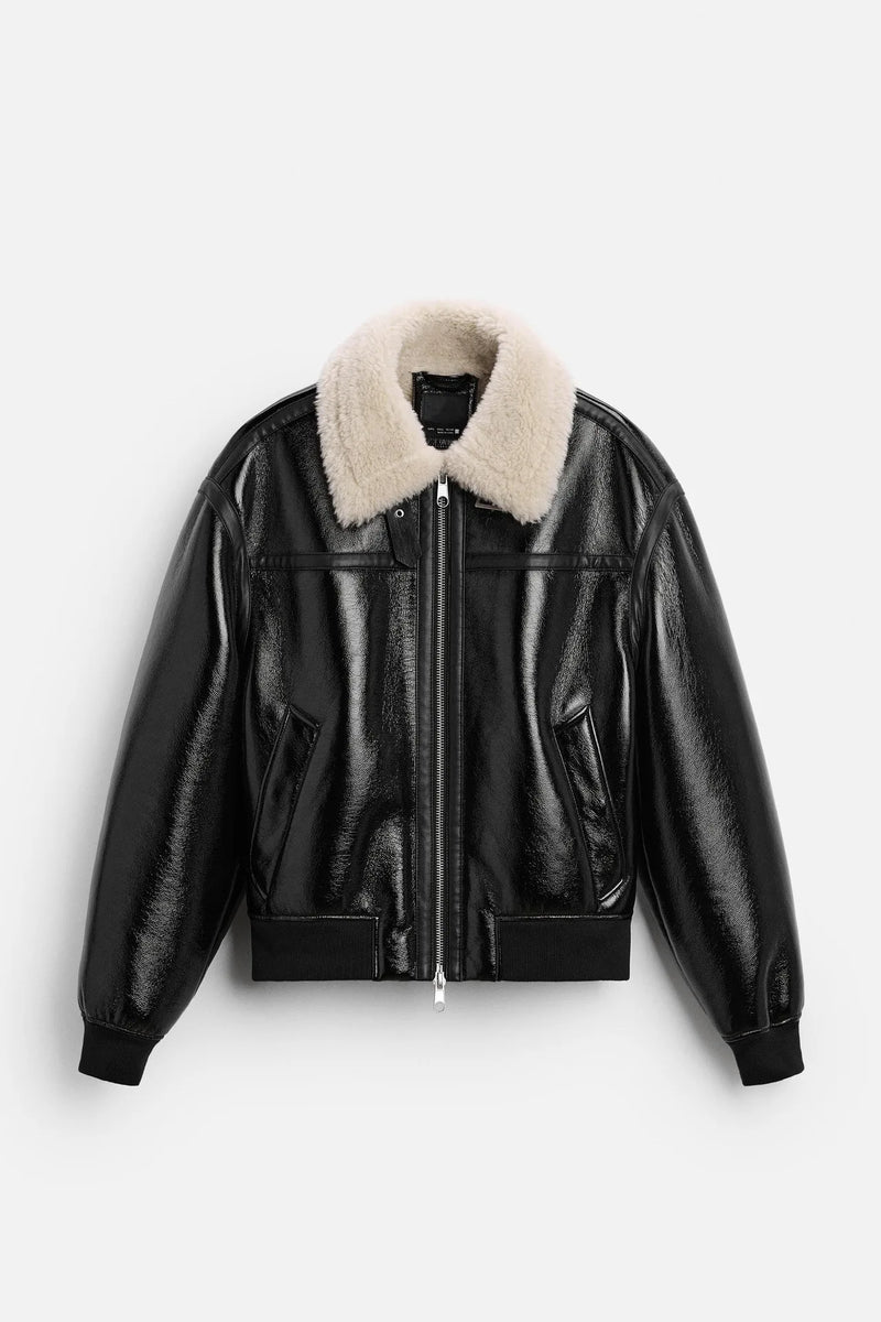 European and American men retro lapel collar fur integrated thermal jacket leather jacket