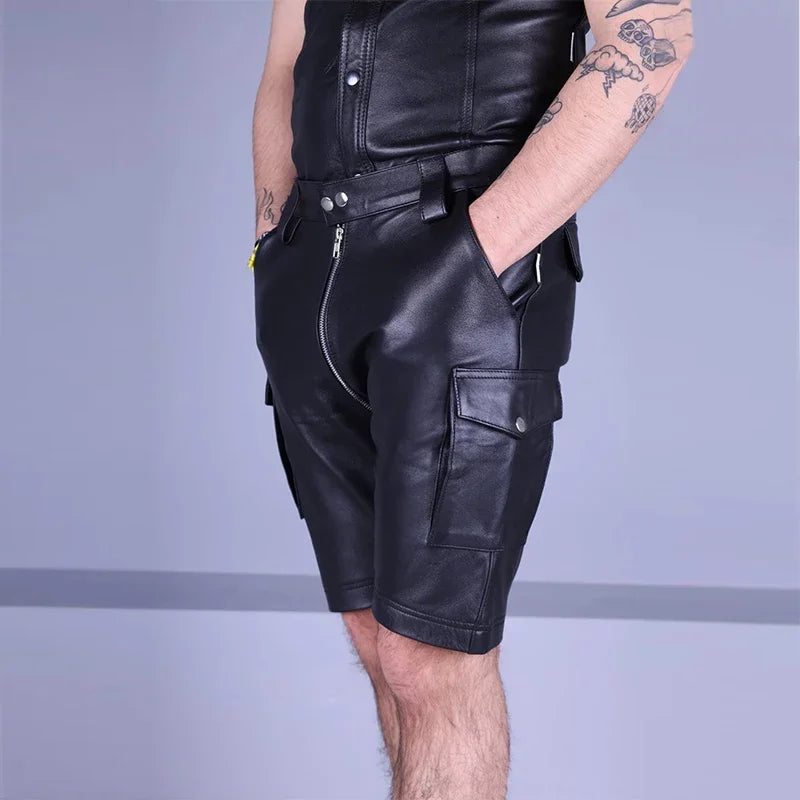 Men Leather Double Zipper Head Short With Pocket Male Cargo Shorts