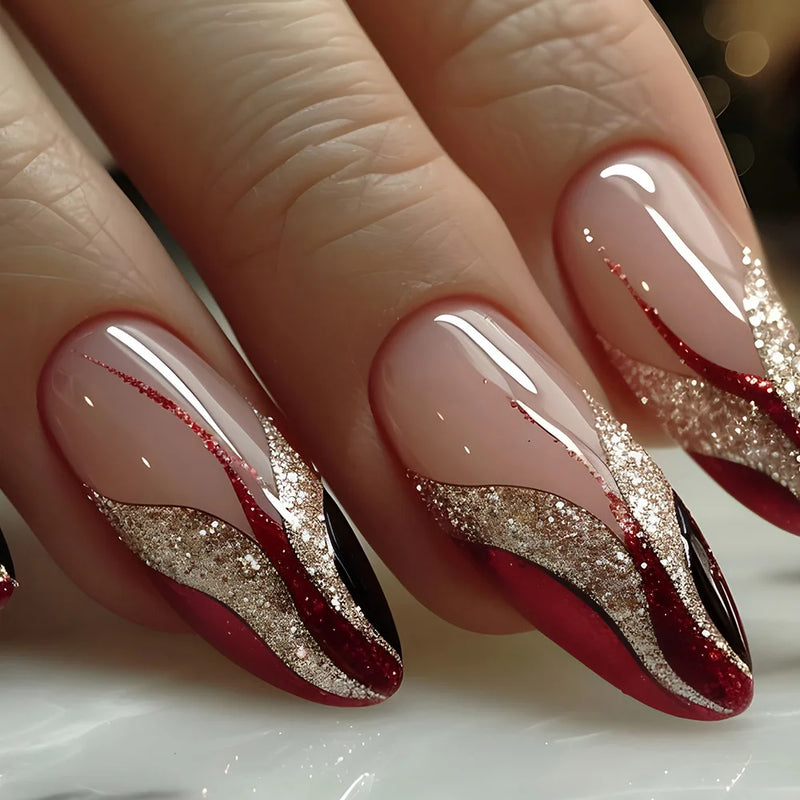 Stripes French Nail with Glue Almond Glitter Red Press on Nail Wearable Full Cover Manicure Nail Tip