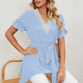 Elegant Women Shirt Lace Stitching Trim Ruffle Short Sleeve Jacquard Irregular Hem Belt Chiffon Blouses Tops Streetwear