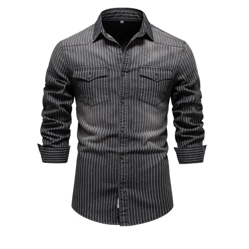 Men Denim Shirts Striped Stretch Long Sleeve Jeans Shirts for Men Casual Slim Cowboy Shirts