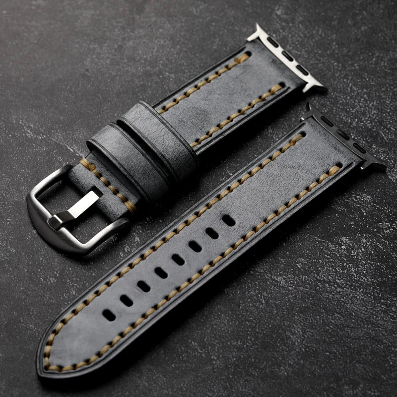 Handmade Head Layer Leather Strap For Apple Watch iWatch Grey and Black Thickened Men's