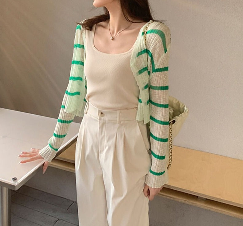 Classic Striped Cardigan Short linen Knitted Jacket Spring Summer Style Knitted Cardigans Women