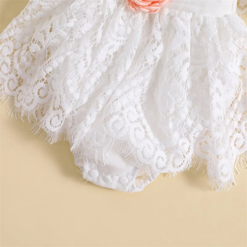 Summer Infant Baby Girl Outfits Short Sleeve Flower Front Lace Bodysuit Dress Clothes