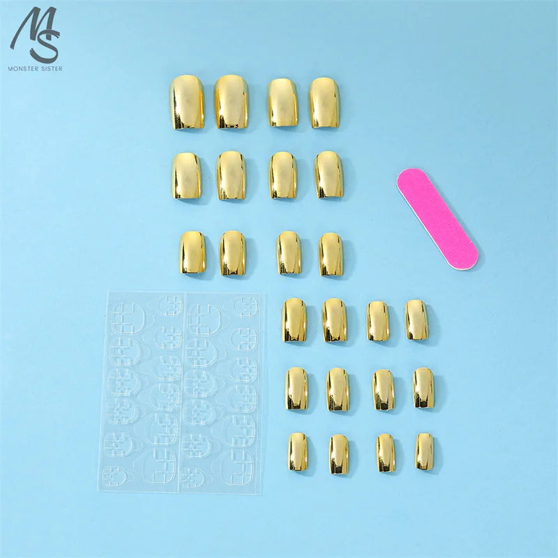 24 Pcs Glossy Fake Nails Press on Chinoiserie Reusable Wearing Nails Light LuxuryIns Gold Silver Pink Short Square Retro Sweet