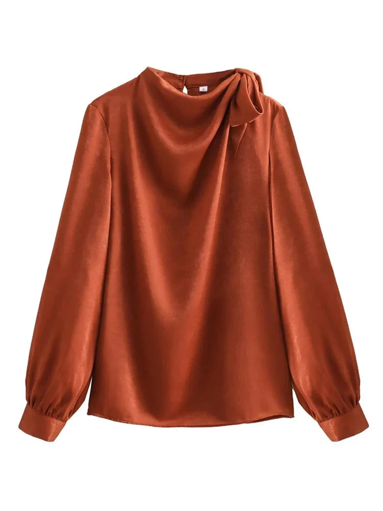 Women Solid Color Bow Tied Collar Casual Soft Satin Smock Blouse Female Long Sleeve Shirt