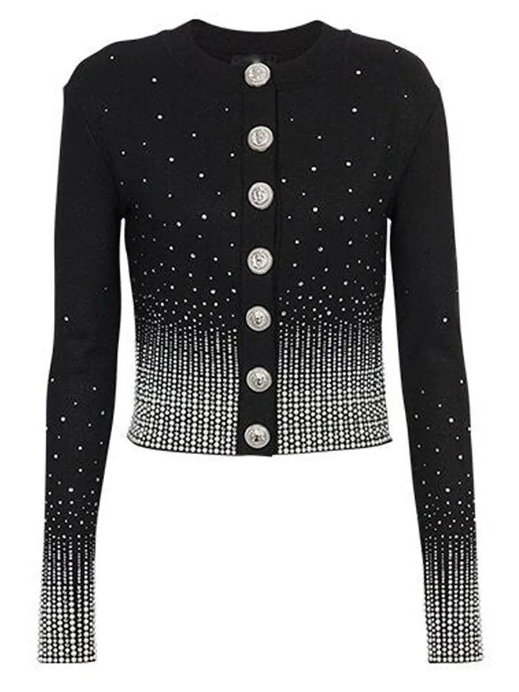 Jacket Women's Lion Buttons Rhinestone Diamonds Embellished Knit Cardigan