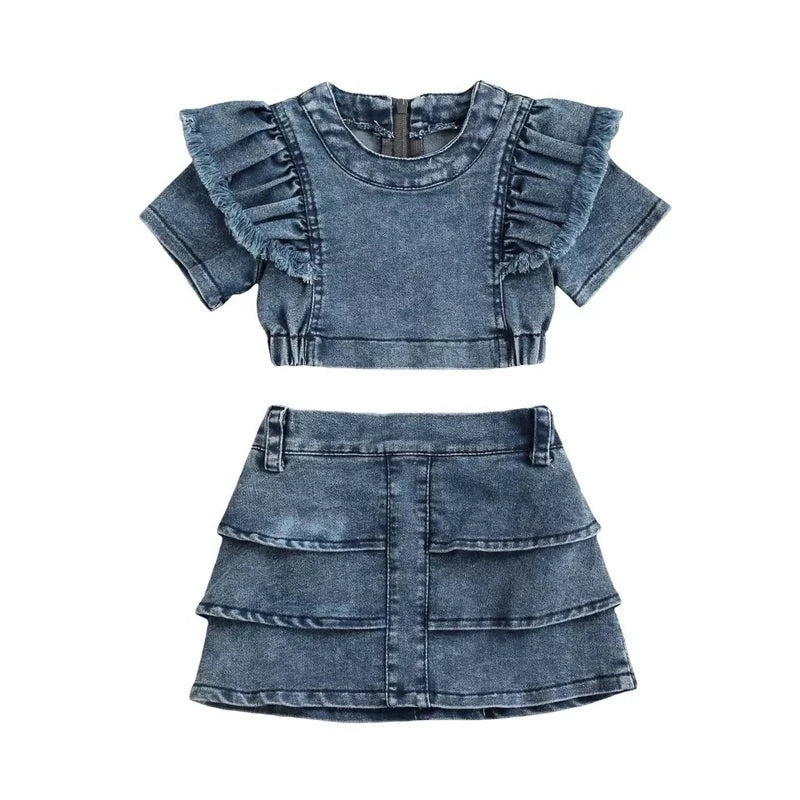 Infant Kids Girl Clothing Set Denim Short-sleeved T-shirt Denim Skirt Two-piece Suit for Vacation Birthday Party