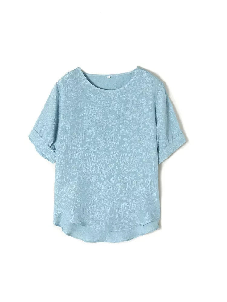 Woman Floral Jacquard Blouses Real Silk O Neck Short Sleeves T Shirts Summer Top Blue