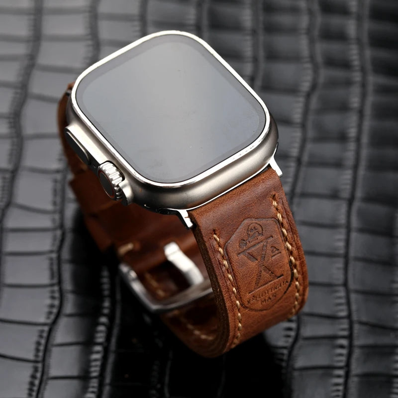 handmade Italian First Leather Watchband For Apple Watch 49mm 45mm iwatch7/8ultra Light Brown Calf Men Leather Strap