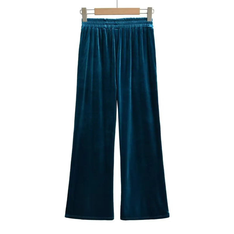 Retro Plain Solid Elastic High Waist Straight Velour Pants Woman Loose Velvet Trousers