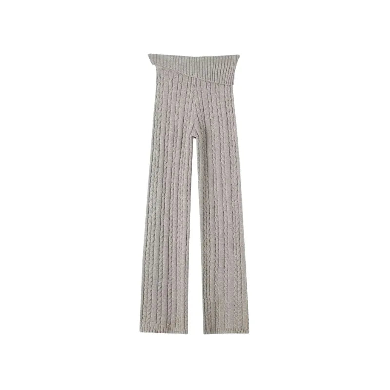 Women Low Rise Ribbed Rollover Fleur Cable Coziest  Cloud Knit  Flare Pant