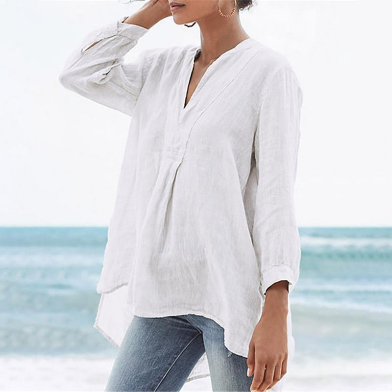 Linen Women Shirt Casual Flax Three-quarter Sleeve Loose Lady Blouses Top Female Clothing