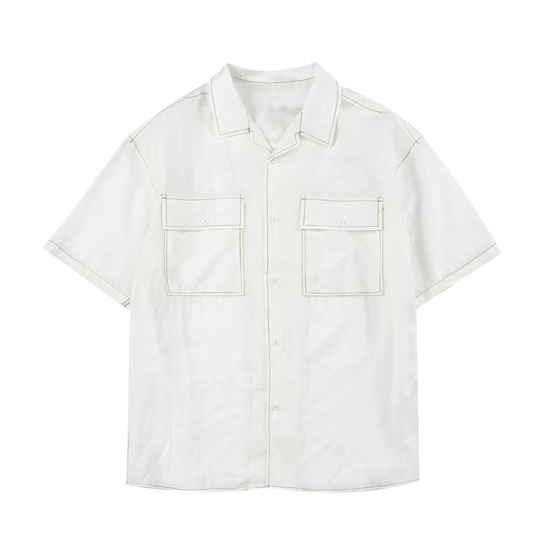 Short Sleeve Shirts Men Summer Camp Collared Patch Pocket Lyocell Minimalist Vintage Shirt