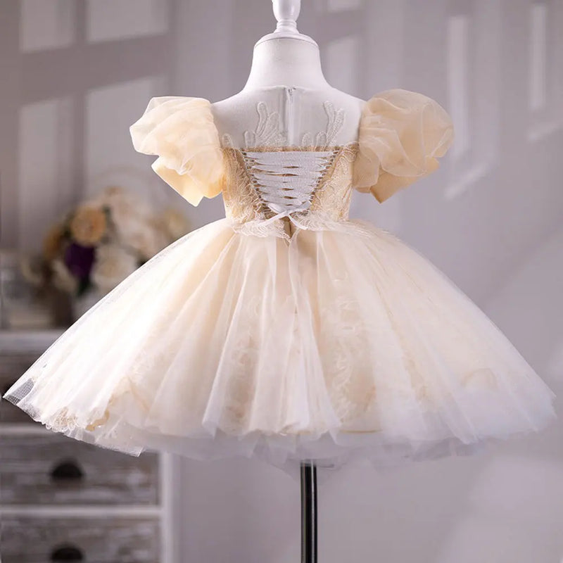 Champagne Girl Dress Appliques Princess Baby Kids Wedding Birthday Party Prom Gown