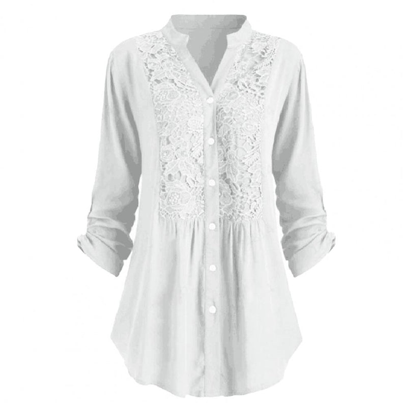 Lace Splicing Women Blouse Stand-up Collar Comfortable Tops Button Placket Loose Spring Shirt for Office